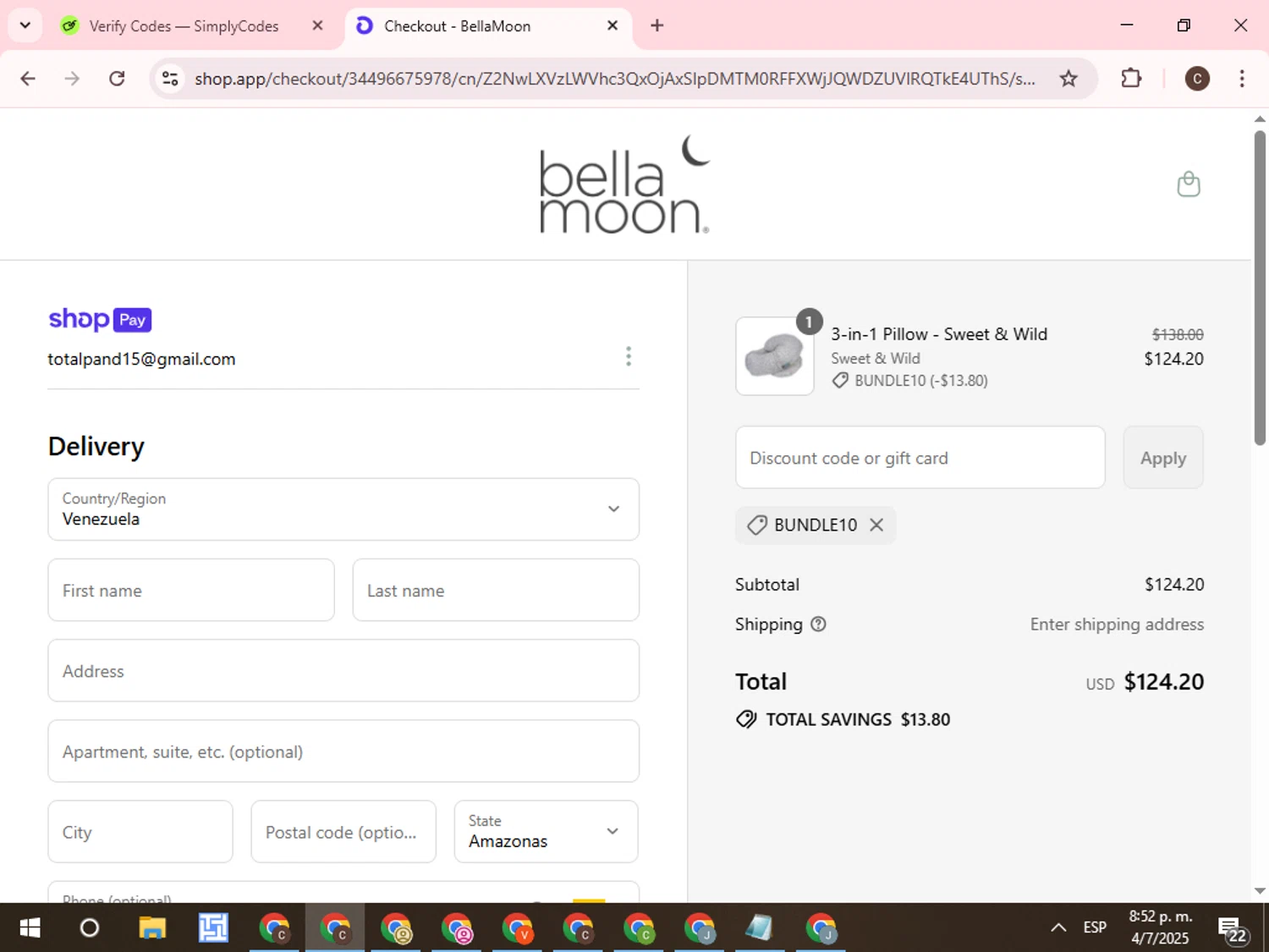 Bellamoon discount code screenshot showing code BUNDLE10 applied at Bellamoon checkout page. Uploaded by SimplyCodes community member WonderCurator7831 on Jul 5, 2025