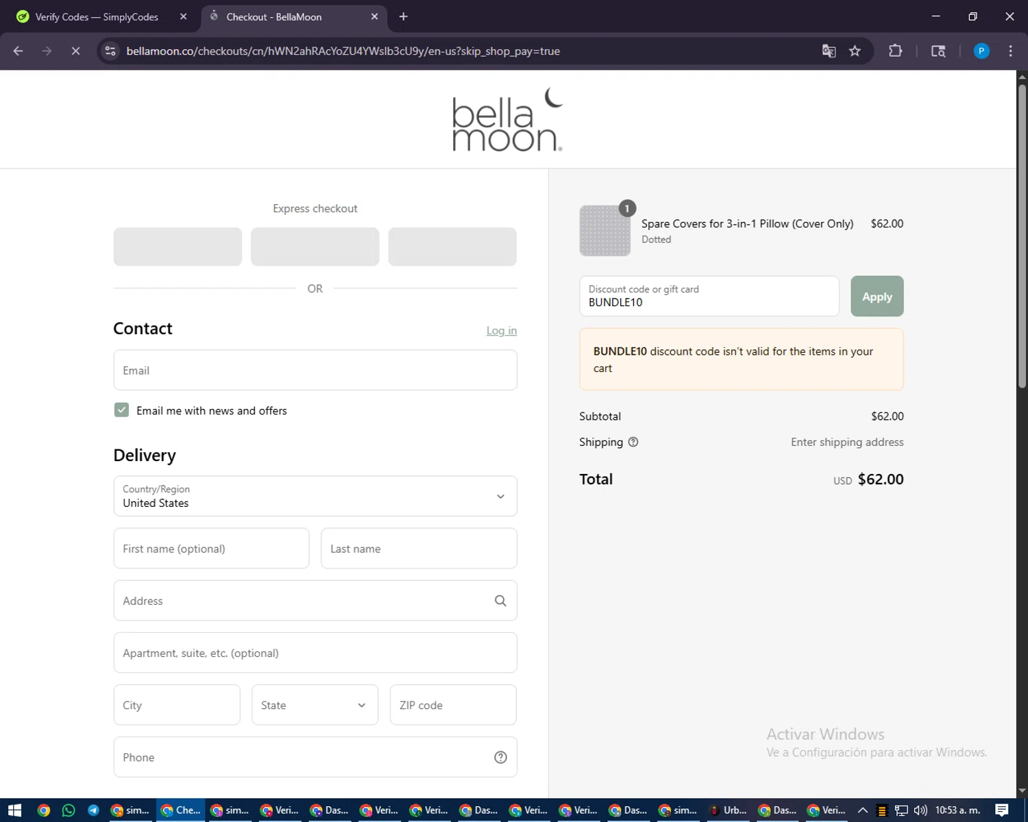 Bellamoon discount code screenshot showing code BUNDLE10 applied at Bellamoon checkout page. Uploaded by SimplyCodes community member juiceWRLD on Sep 4, 2025