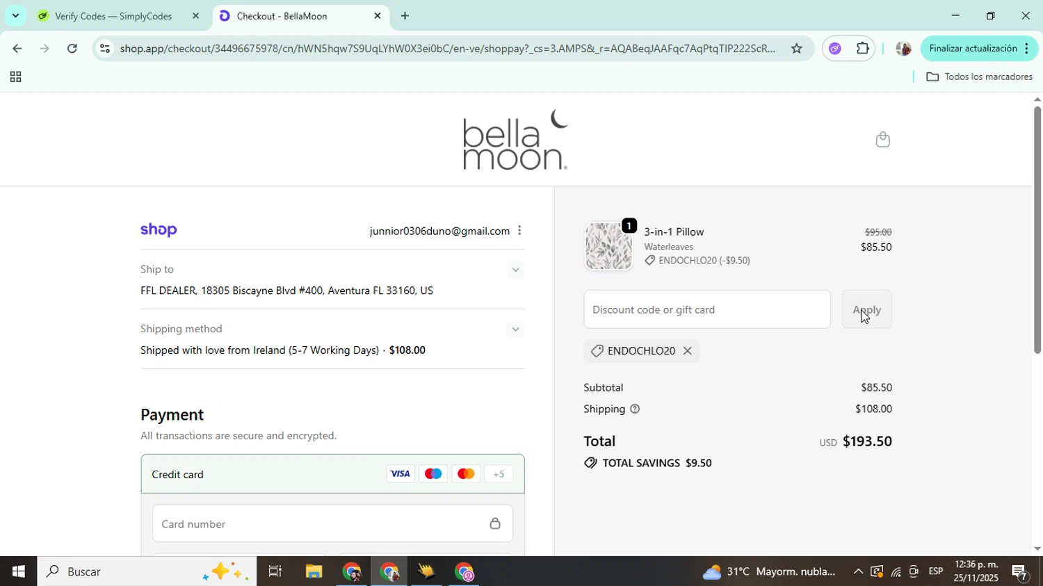 Bellamoon discount code screenshot showing code ENDOCHLO20 applied at Bellamoon checkout page. Uploaded by SimplyCodes community member Mujerdejunnior on Nov 25, 2025