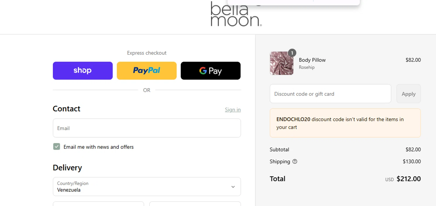 Bellamoon discount code screenshot showing code ENDOCHLO20 applied at Bellamoon checkout page. Uploaded by SimplyCodes community member ashe1986 on Sep 10, 2025