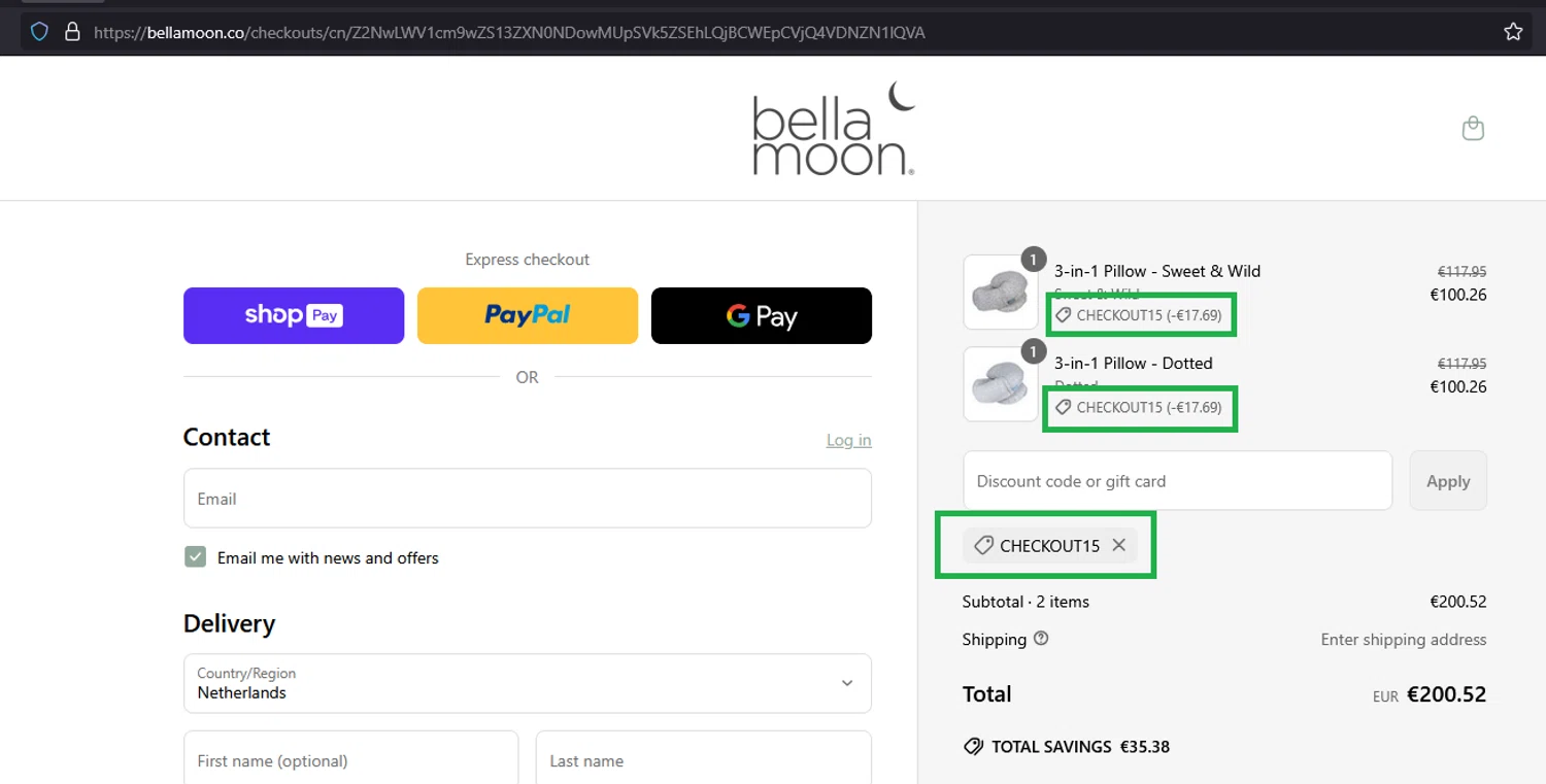 Bellamoon discount code screenshot showing code CHECKOUT15 applied at Bellamoon checkout page. Uploaded by SimplyCodes community member pablorobertocubaszan on Apr 15, 2025