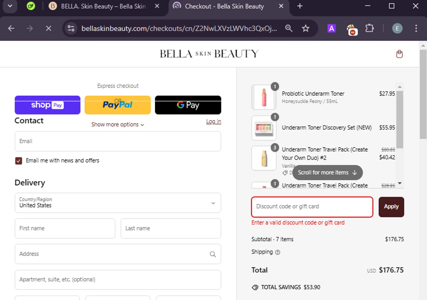 Bella Skin Beauty coupon code screenshot showing code VDAY20 applied at Bella Skin Beauty checkout page. Uploaded by SimplyCodes community member LuckyExpert7689 on Mar 6, 2025