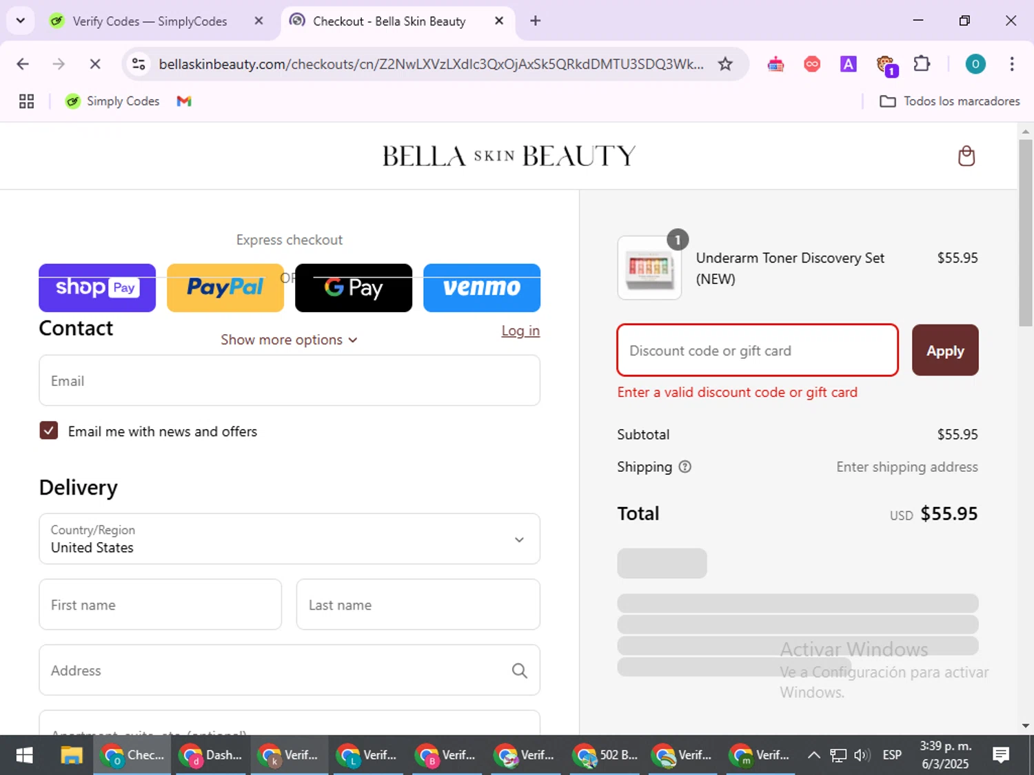 Bella Skin Beauty coupon code screenshot showing code VDAY20 applied at Bella Skin Beauty checkout page. Uploaded by SimplyCodes community member BudgetSeeker9524 on Mar 6, 2025