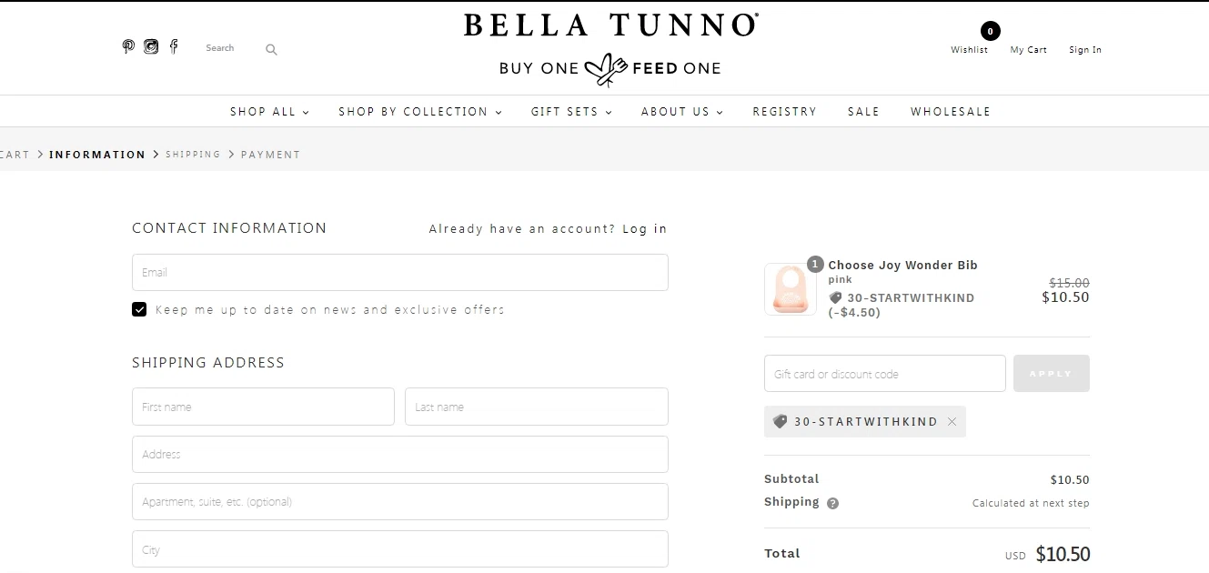 where to use Bella Tunno promo code box