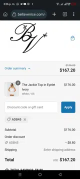 Bella Venice coupon verification screenshot