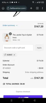 Bella Venice coupon verification screenshot