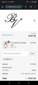 Bella Venice coupon verification screenshot