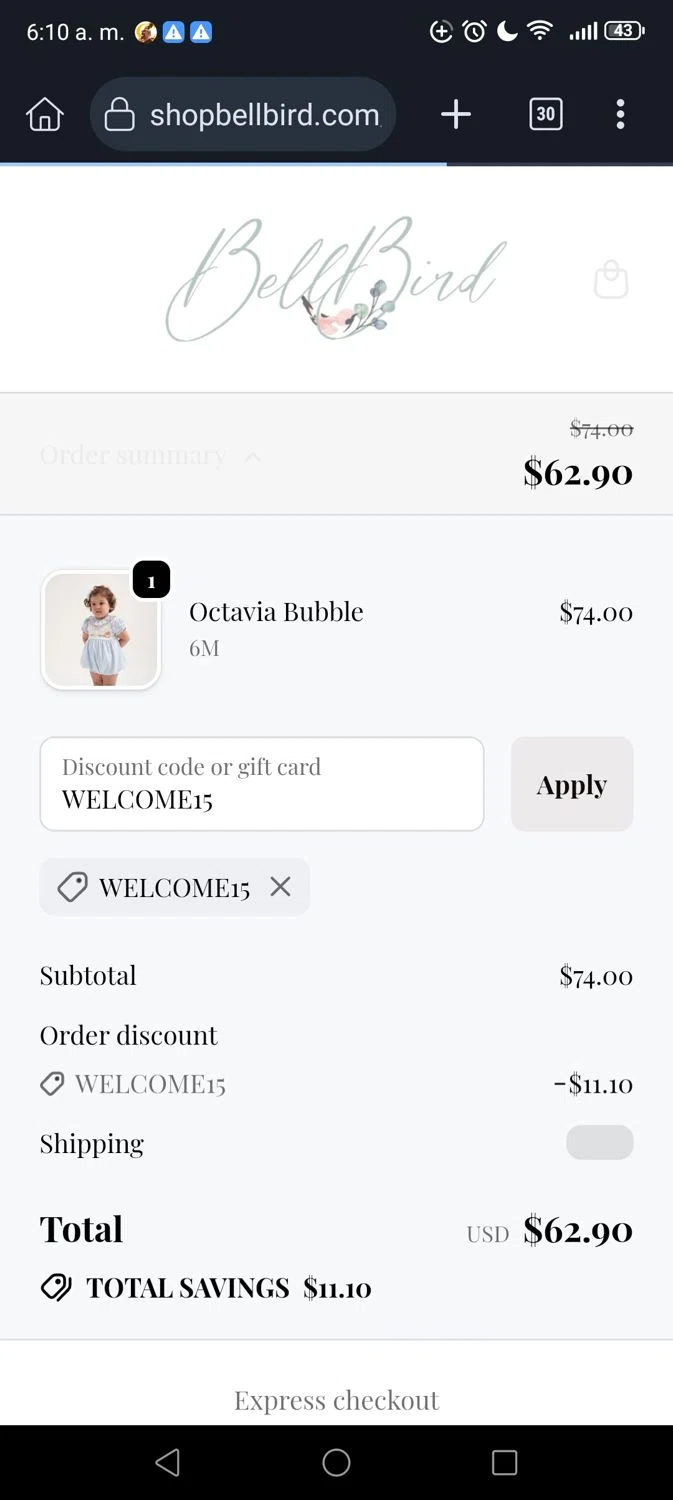 BellBird promo code screenshot showing code WELCOME15 applied at BellBird checkout page. Uploaded by SimplyCodes community member George07 on Sep 21, 2025