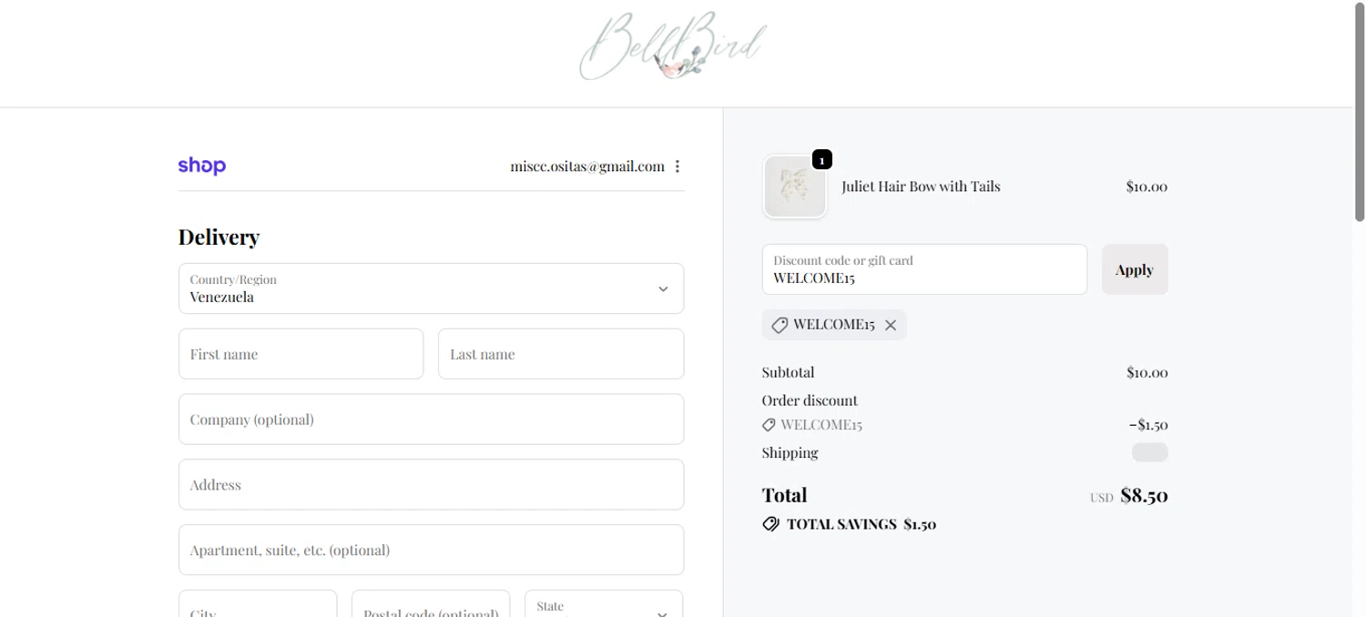 BellBird promo code screenshot showing code WELCOME15 applied at BellBird checkout page. Uploaded by SimplyCodes community member negrita on Oct 23, 2025
