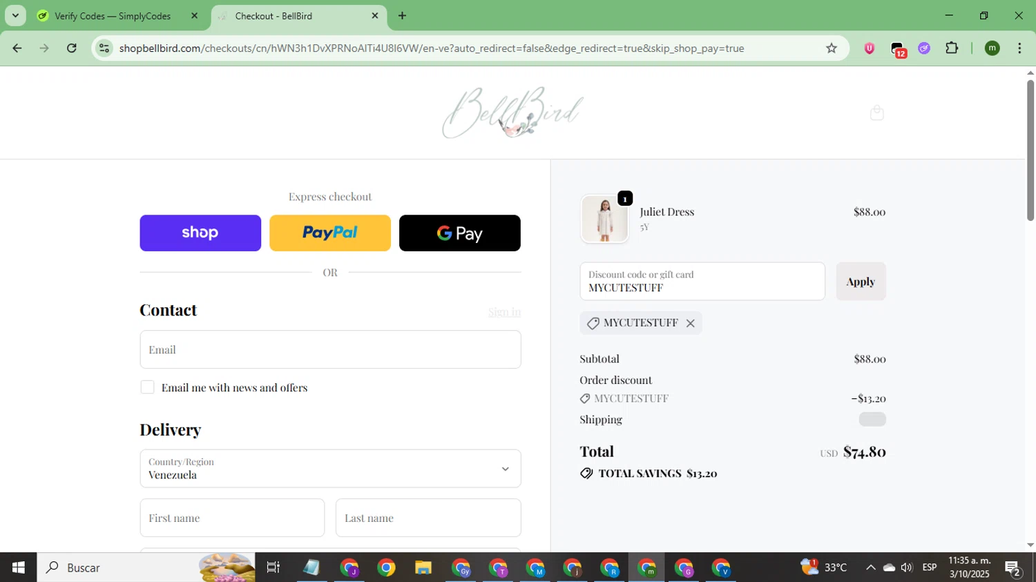 BellBird promo code screenshot showing code MYCUTESTUFF applied at BellBird checkout page. Uploaded by SimplyCodes community member CoinSage7057 on Oct 3, 2025