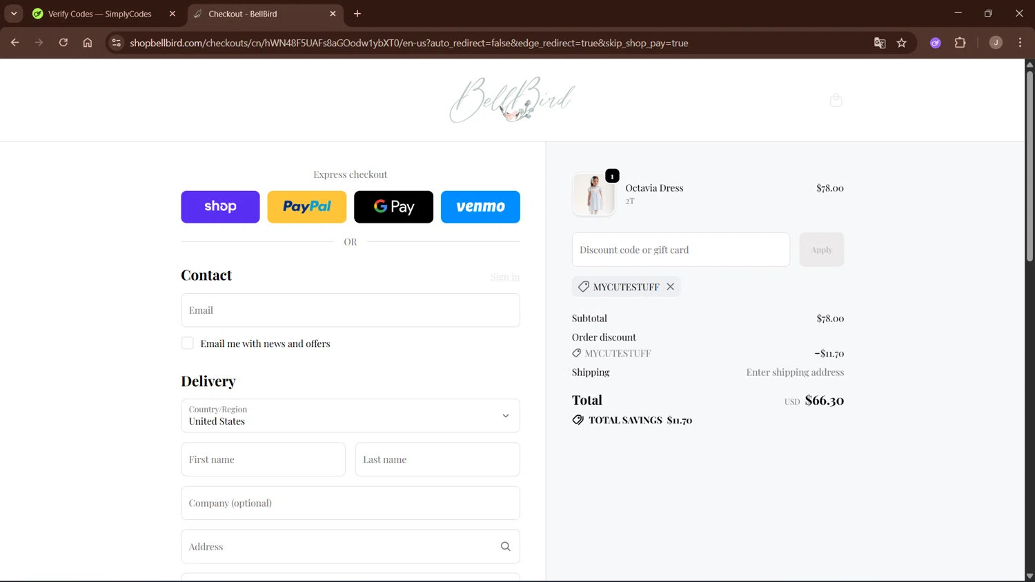 BellBird promo code screenshot showing code MYCUTESTUFF applied at BellBird checkout page. Uploaded by SimplyCodes community member WisePro3955 on Oct 15, 2025