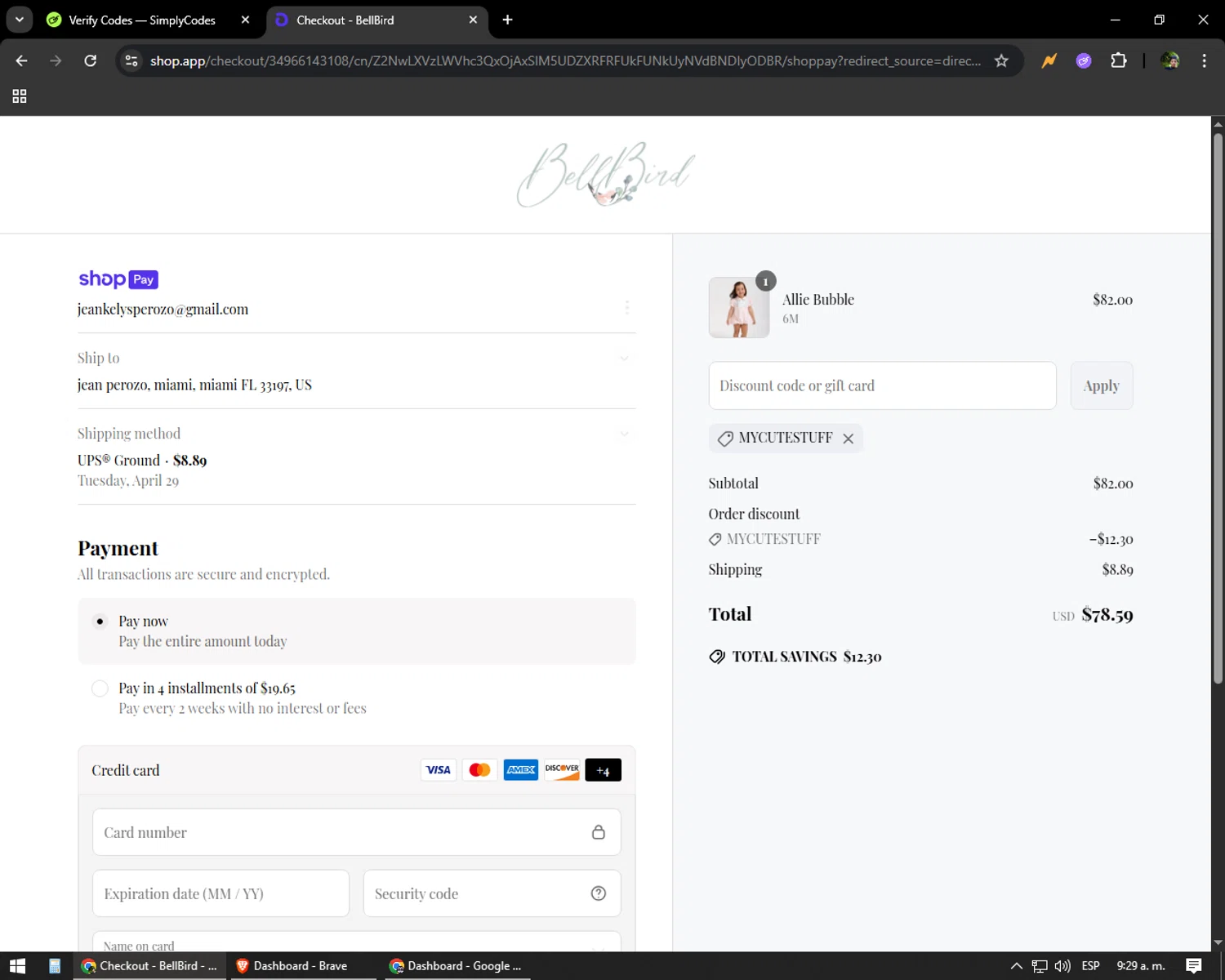 BellBird promo code screenshot showing code MYCUTESTUFF applied at BellBird checkout page. Uploaded by SimplyCodes community member yonaiker on Apr 20, 2025