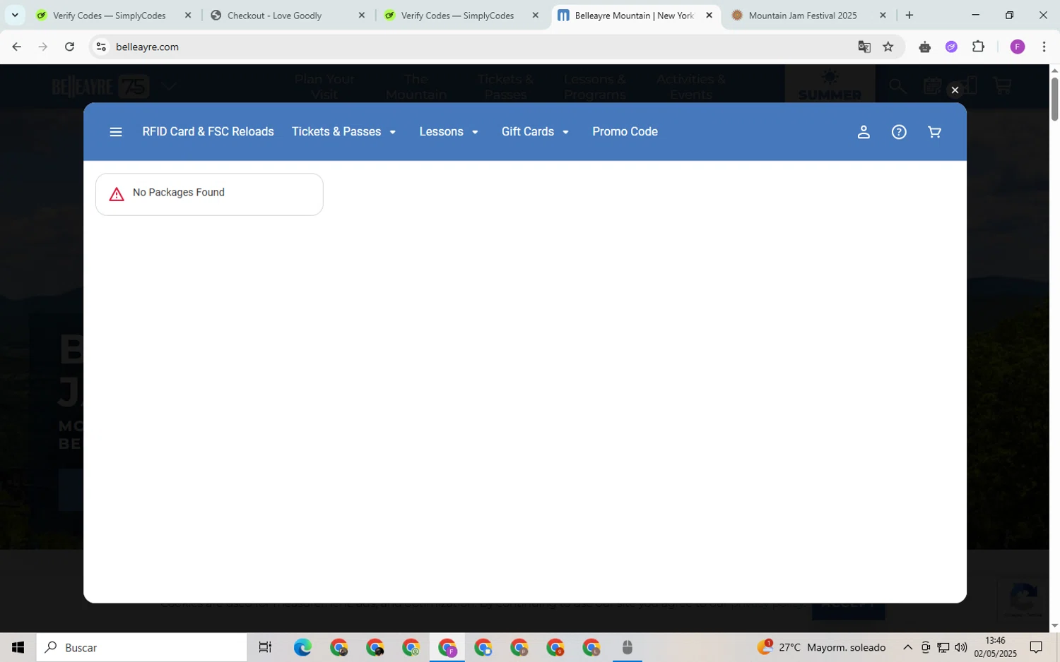 Belleayre Mountain promo code screenshot showing code SKIFREE applied at Belleayre Mountain checkout page. Uploaded by SimplyCodes community member CleverSpotter6431 on May 2, 2025