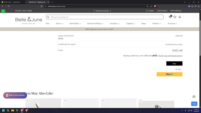 Belle & June checkout page showing Belle & June promo code box | Screenshot taken by SimplyCodes community member on May 8, 2025