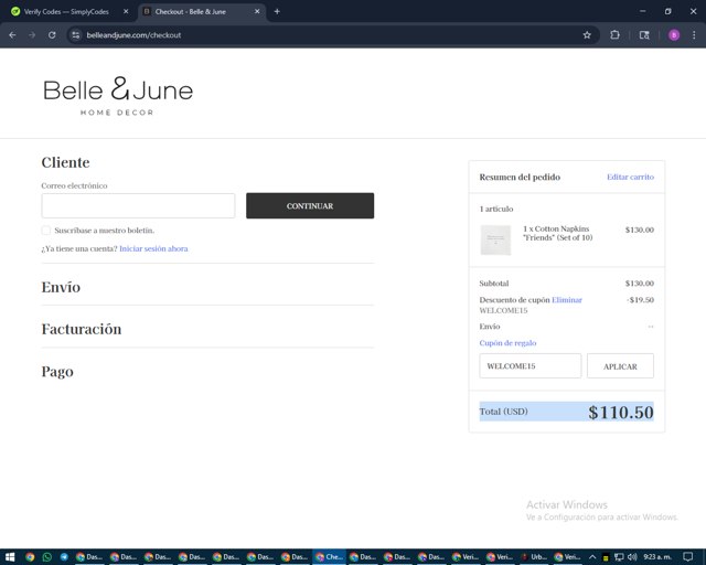 Belle & June checkout page showing Belle & June promo code box | Screenshot taken by SimplyCodes community member on Aug 29, 2025