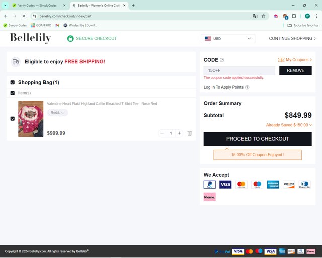 Bellelily checkout page showing Bellelily coupon code box | Screenshot taken by SimplyCodes community member on Oct 8, 2024