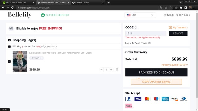 Bellelily checkout page showing Bellelily coupon code box | Screenshot taken by SimplyCodes community member on Sep 2, 2024