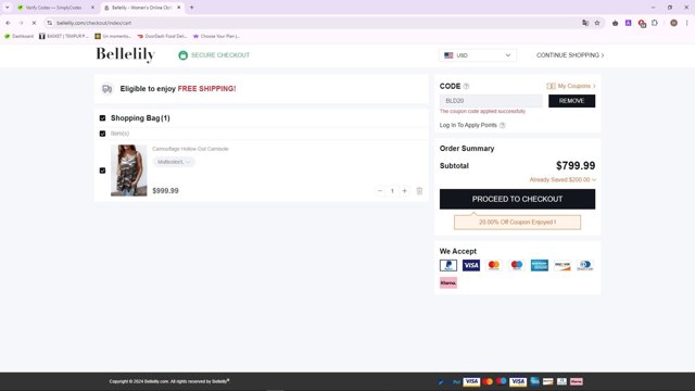 Bellelily checkout page showing Bellelily coupon code box | Screenshot taken by SimplyCodes community member on Sep 2, 2024