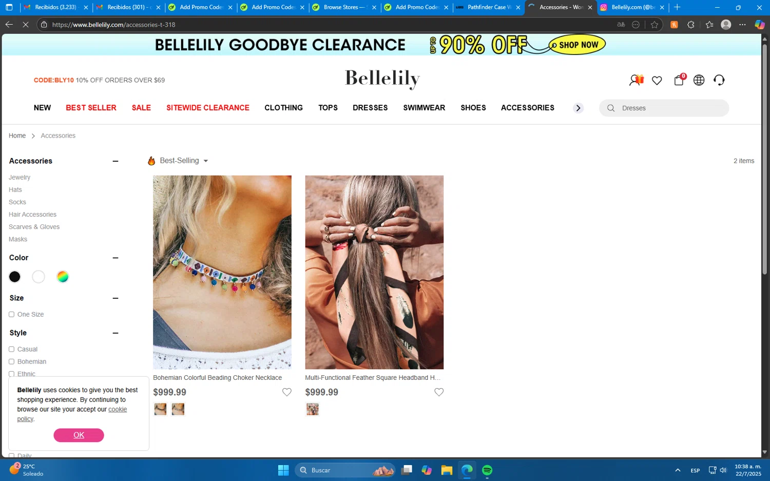 Bellelily coupon code screenshot showing code BLY10 applied at Bellelily checkout page. Uploaded by SimplyCodes community member Mdeoca on Jul 22, 2025