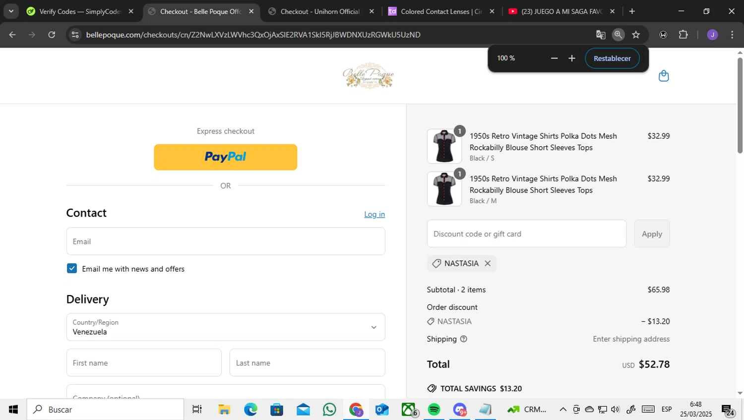 Belle Poque discount code screenshot showing code NASTASIA applied at Belle Poque checkout page. Uploaded by SimplyCodes community member ENCARAMESSI on Mar 25, 2025