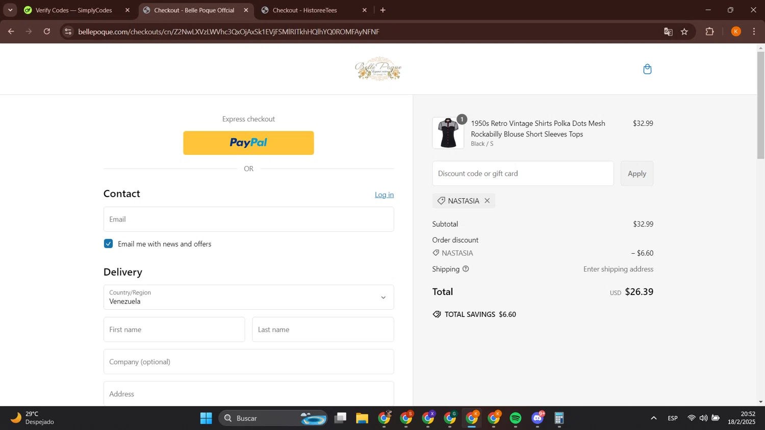 Belle Poque discount code screenshot showing code NASTASIA applied at Belle Poque checkout page. Uploaded by SimplyCodes community member BonusCurator3058 on Feb 19, 2025