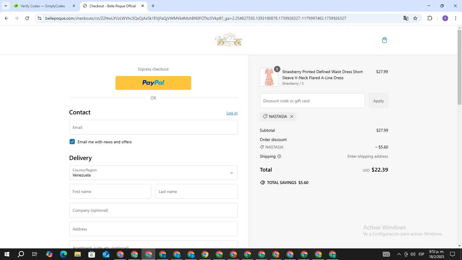 Belle Poque discount code screenshot showing code NASTASIA applied at Belle Poque checkout page. Uploaded by SimplyCodes community member CouponBoss4754 on Feb 19, 2025