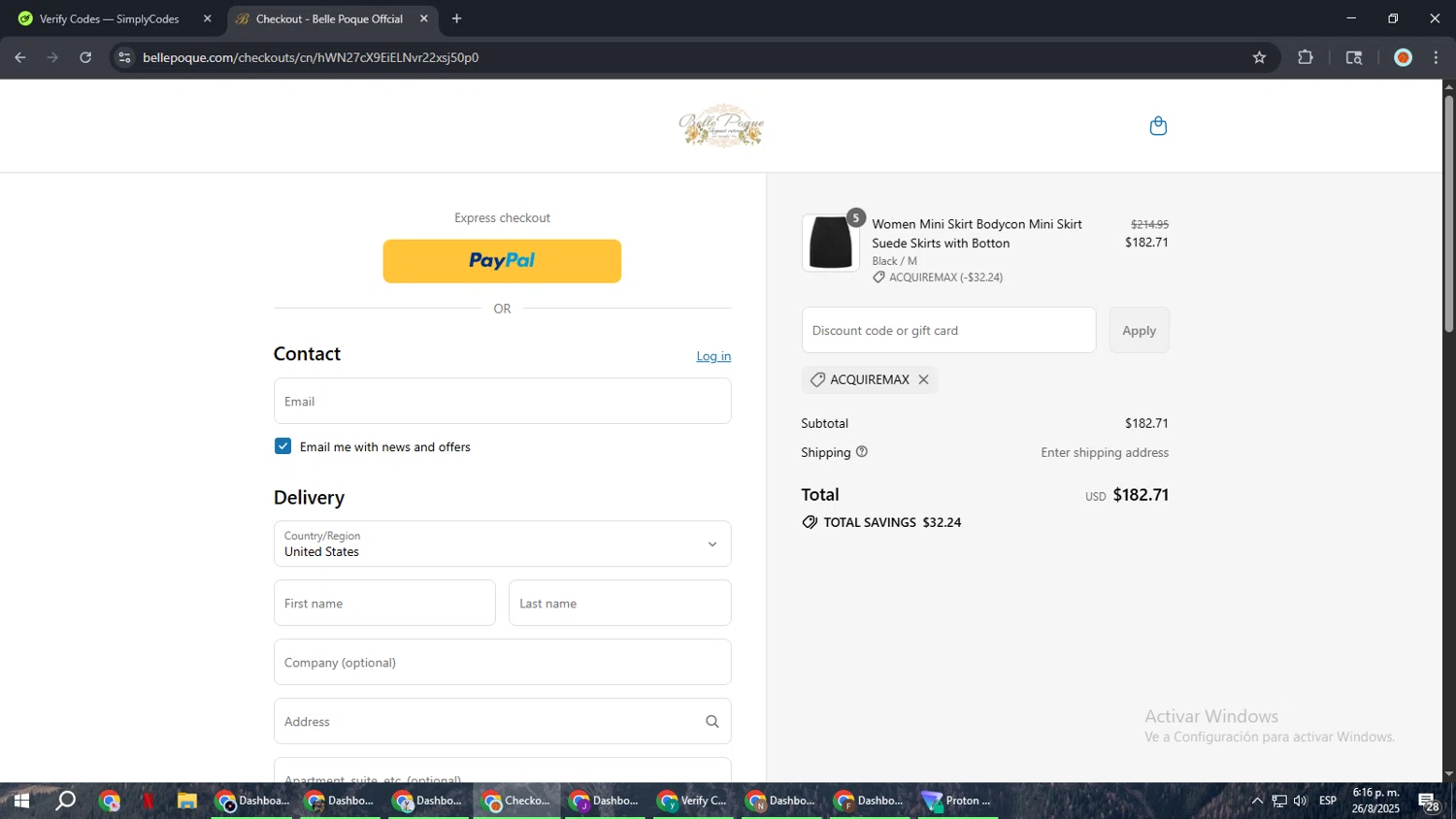 Belle Poque discount code screenshot showing code acquiremax applied at Belle Poque checkout page. Uploaded by SimplyCodes community member BonusCaptain9927 on Aug 26, 2025