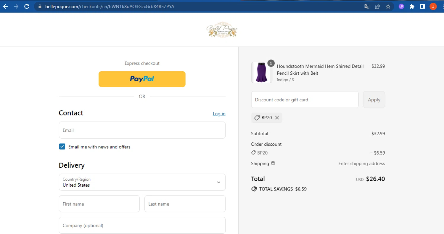 Belle Poque discount code screenshot showing code BP20 applied at Belle Poque checkout page. Uploaded by SimplyCodes community member FranquizJoel on Aug 13, 2025