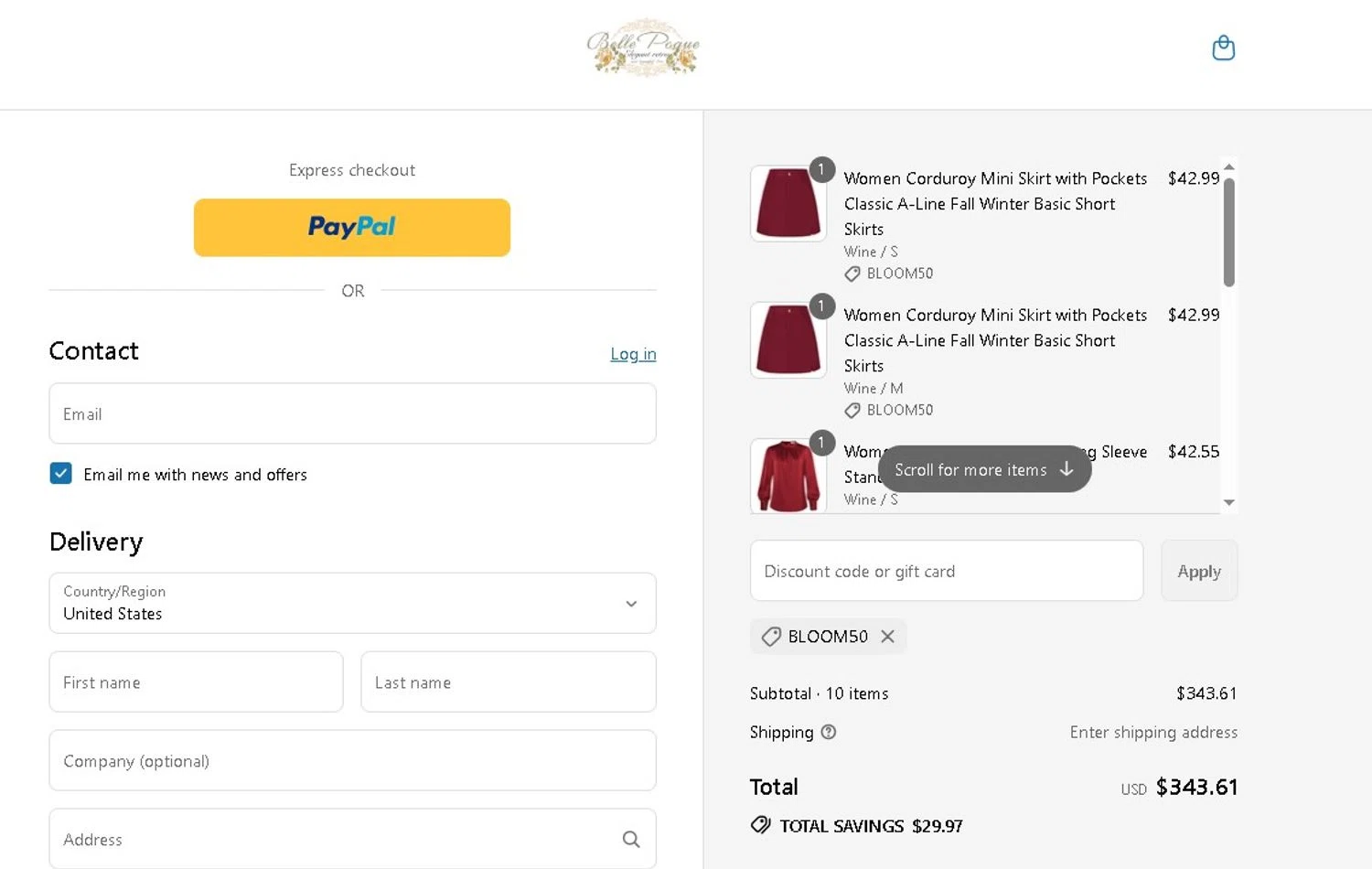Belle Poque discount code screenshot showing code BLOOM50 applied at Belle Poque checkout page. Uploaded by SimplyCodes community member LAMINEJAMAL on Aug 28, 2025