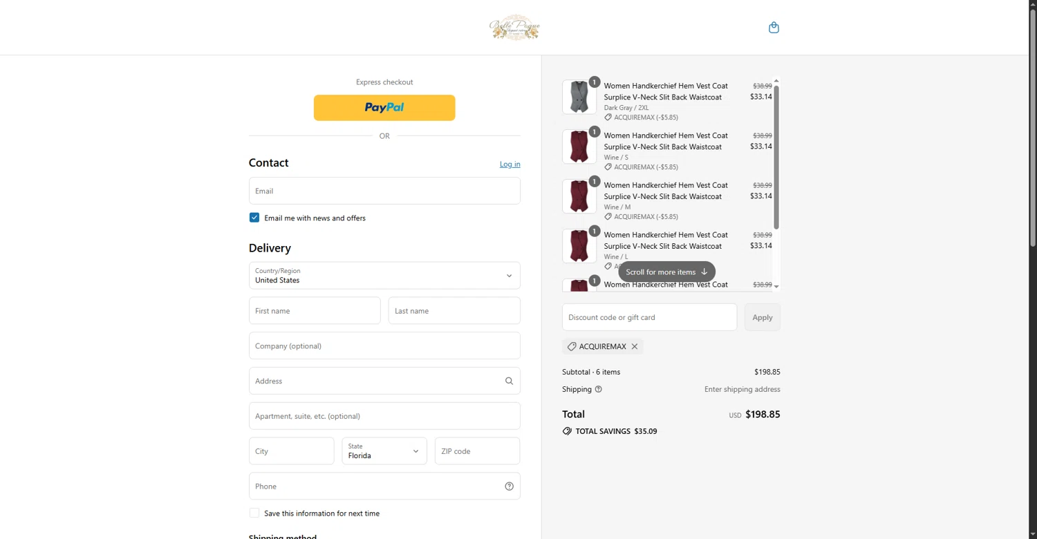 Belle Poque discount code screenshot showing code acquiremax applied at Belle Poque checkout page. Uploaded by SimplyCodes community member MateoRioja on Aug 26, 2025