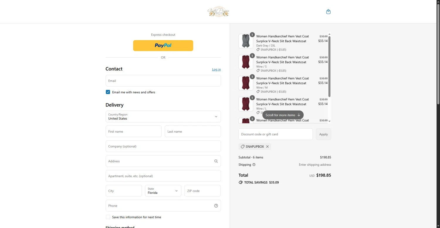 Belle Poque discount code screenshot showing code snapupbox applied at Belle Poque checkout page. Uploaded by SimplyCodes community member MateoRioja on Aug 27, 2025