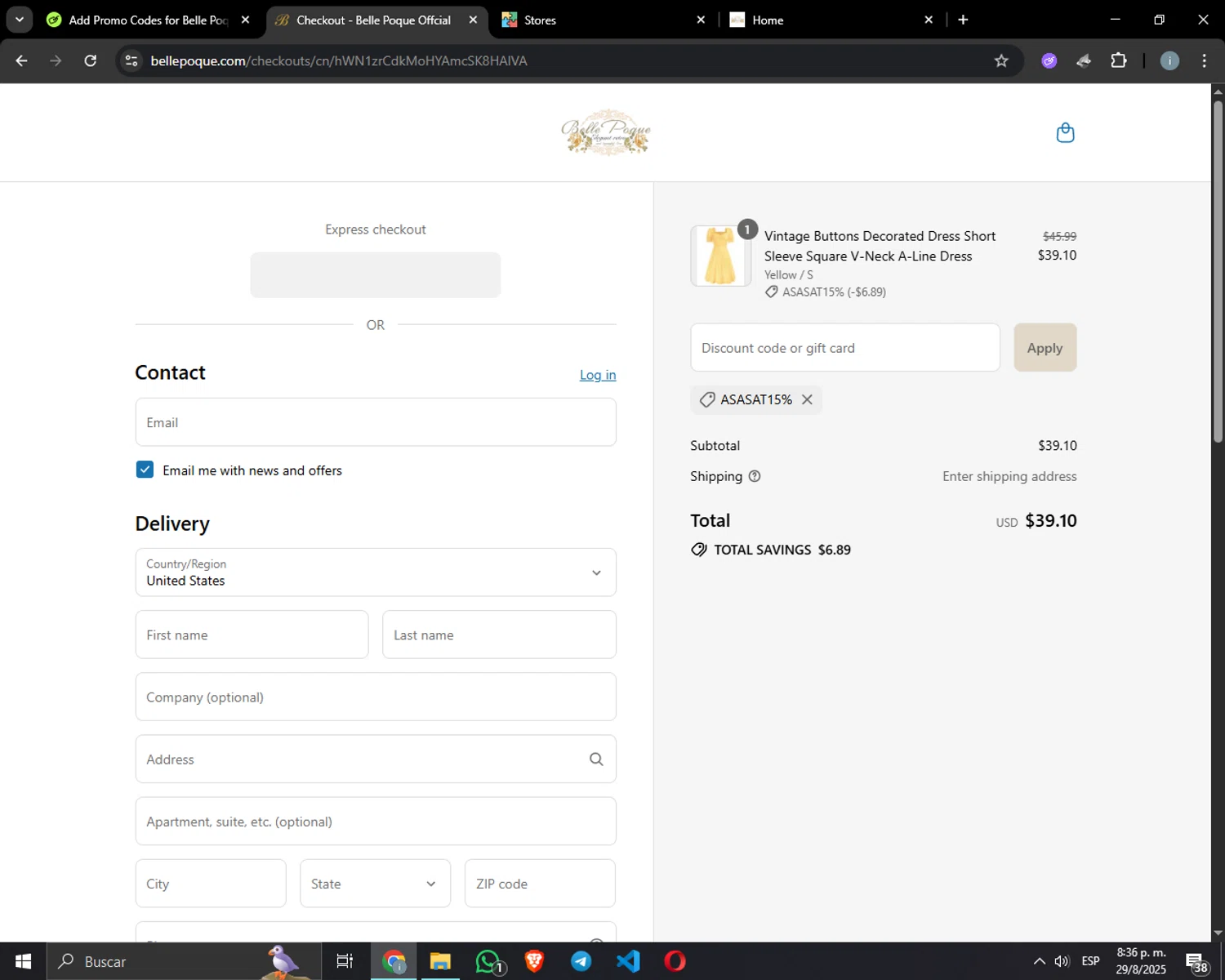 Belle Poque discount code screenshot showing code asasat15% applied at Belle Poque checkout page. Uploaded by SimplyCodes community member vivalachicha on Aug 30, 2025