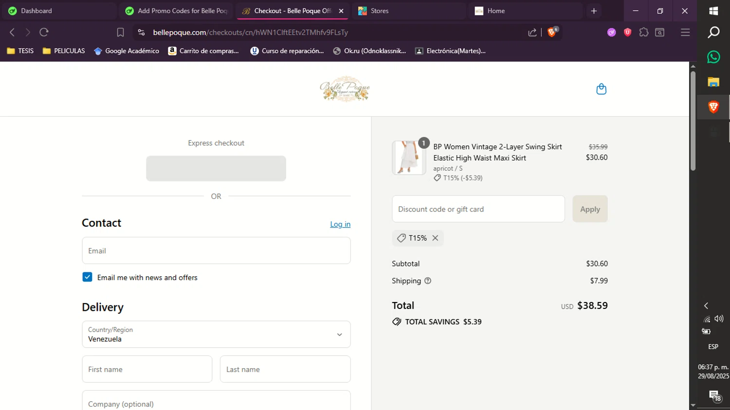 Belle Poque discount code screenshot showing code t15% applied at Belle Poque checkout page. Uploaded by SimplyCodes community member xXdevoragoticas69Xx on Aug 29, 2025