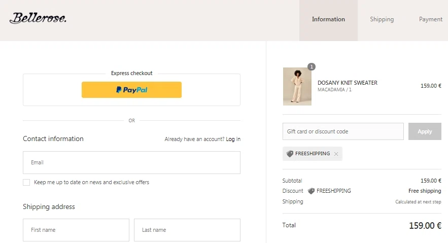 Bellerose checkout page showing Bellerose discount code box | Screenshot taken by SimplyCodes community member on Feb 24, 2021
