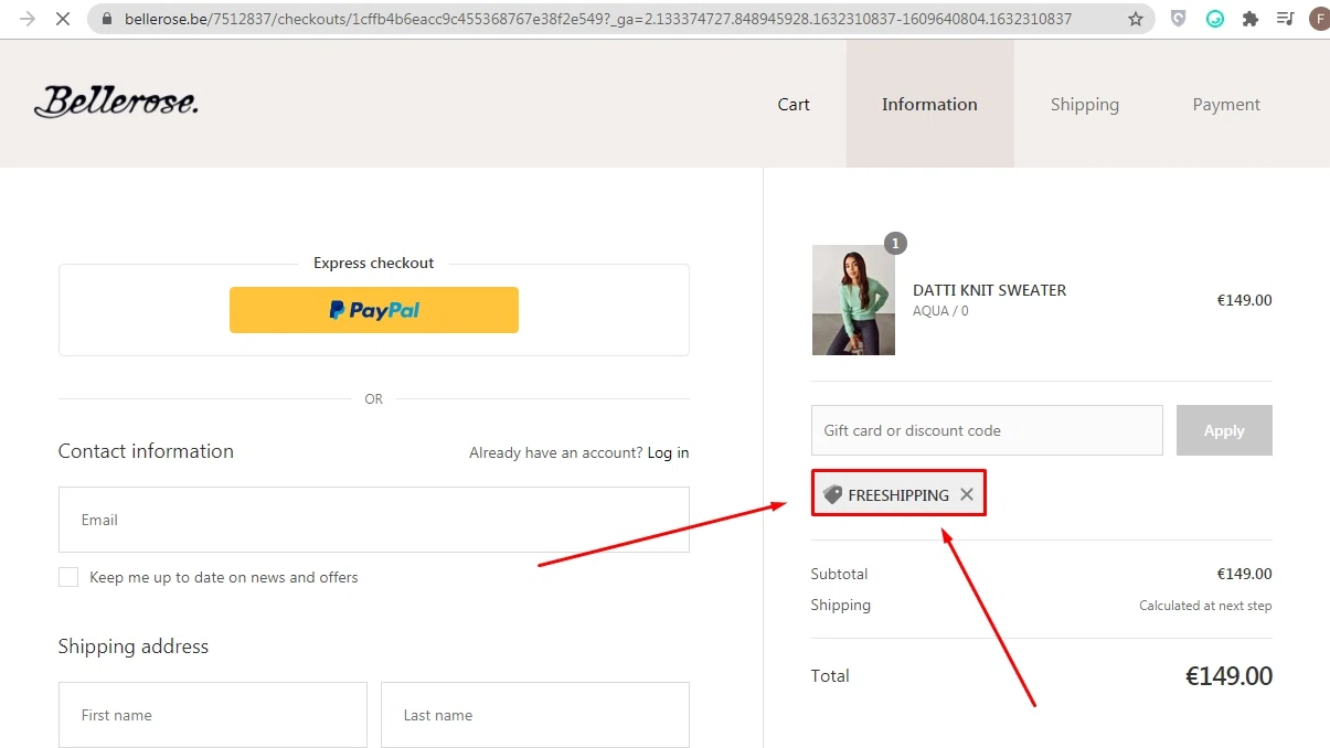 Bellerose checkout page showing Bellerose discount code box | Screenshot taken by SimplyCodes community member on Sep 22, 2021