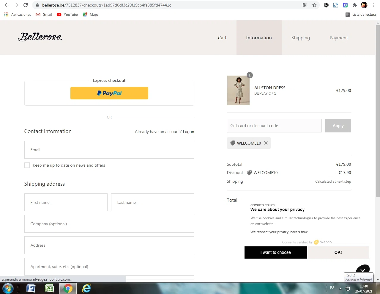Bellerose checkout page showing Bellerose discount code box | Screenshot taken by SimplyCodes community member on Jul 26, 2021