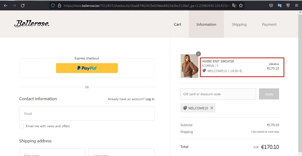 Bellerose checkout page showing Bellerose discount code box | Screenshot taken by SimplyCodes community member on Nov 23, 2021