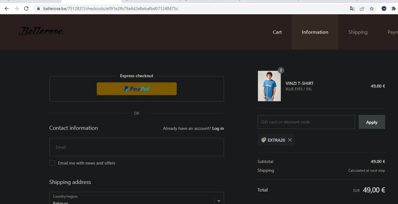 Bellerose checkout page showing Bellerose discount code box | Screenshot taken by SimplyCodes community member on Jun 7, 2022