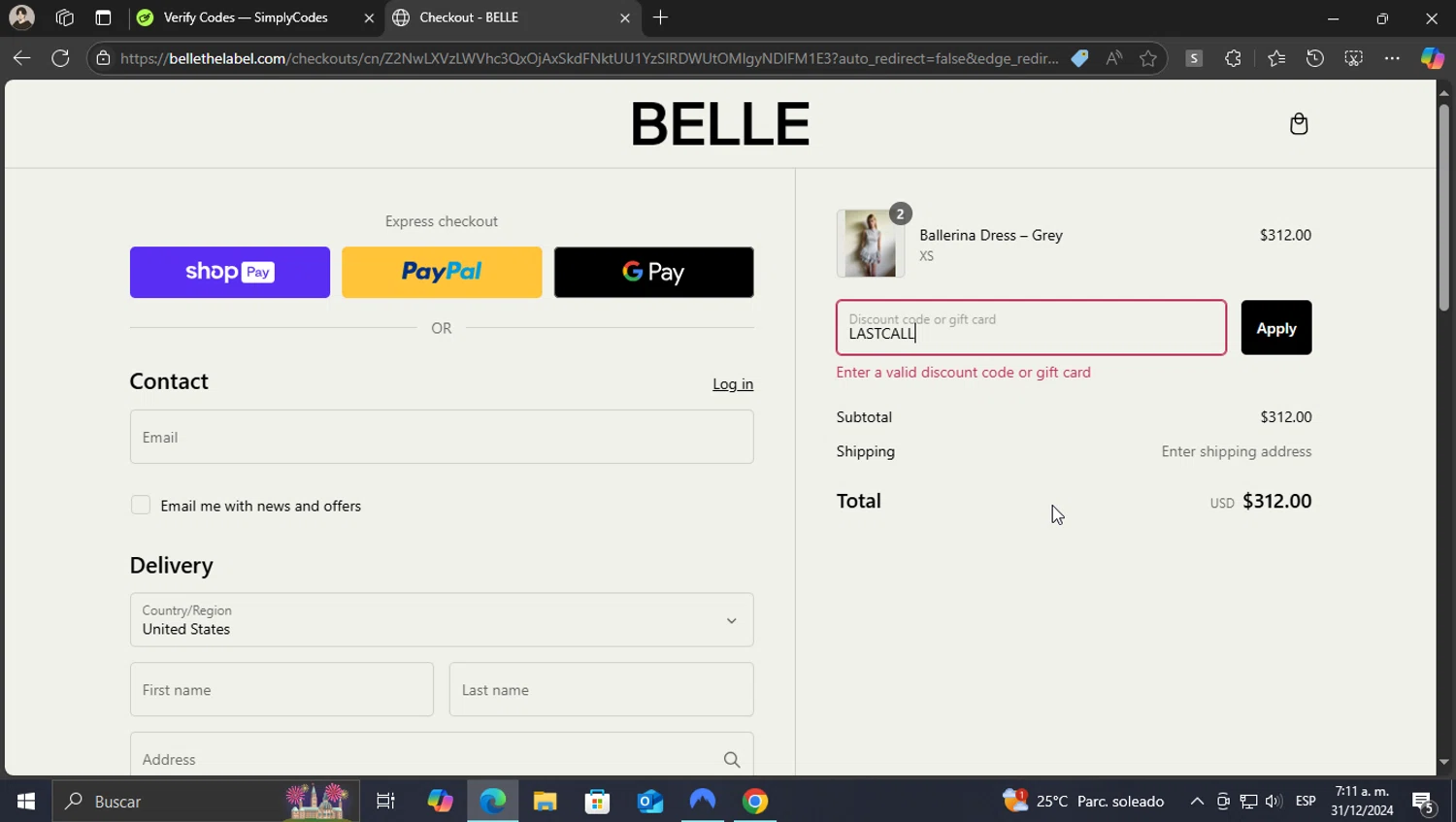 Belle The Label discount code screenshot showing code LASTCALL applied at Belle The Label checkout page. Uploaded by SimplyCodes community member WonderKnight7884 on Dec 31, 2024