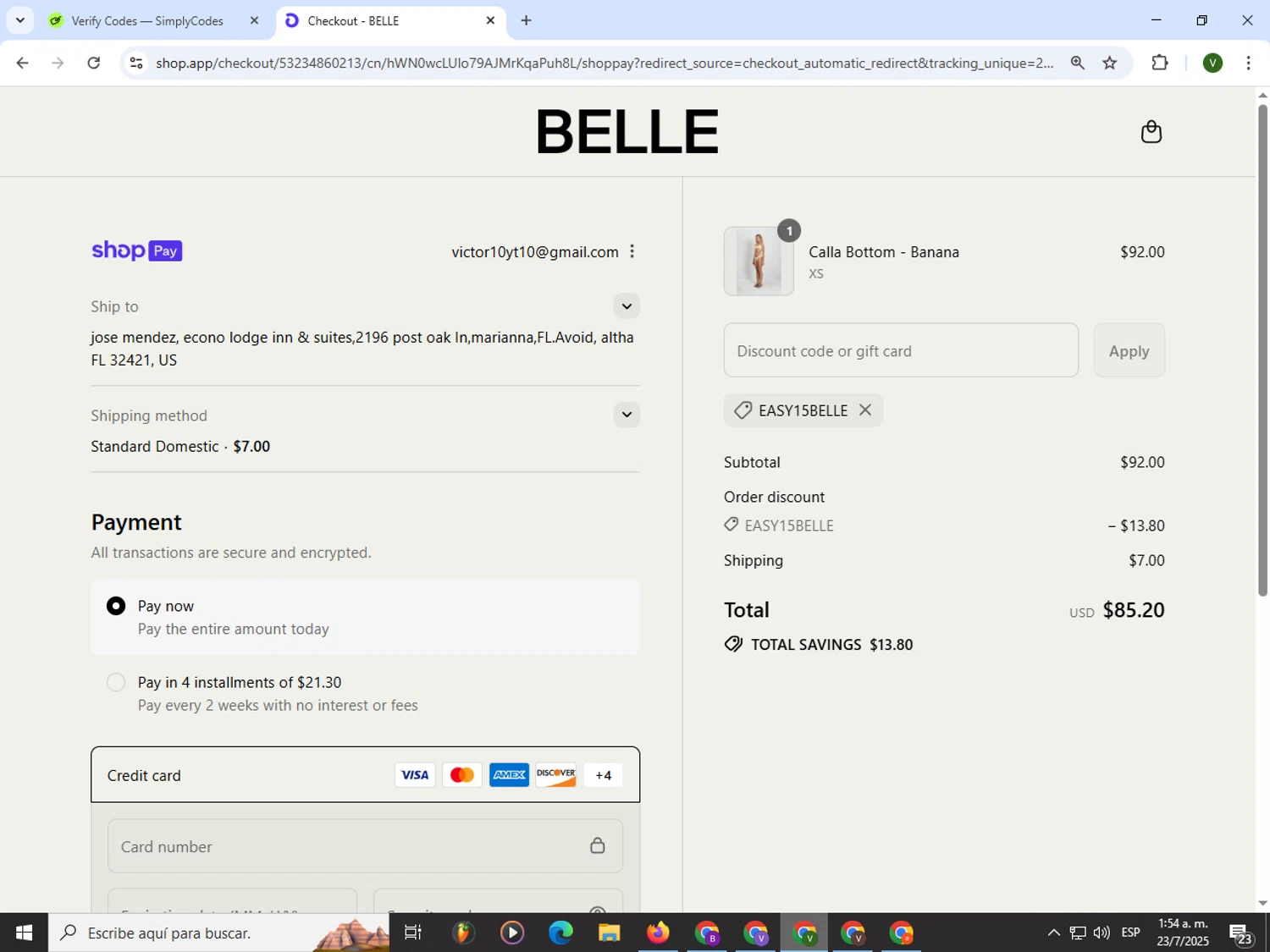 Belle The Label discount code screenshot showing code EASY15BELLE applied at Belle The Label checkout page. Uploaded by SimplyCodes community member PrimeWizard4168 on Jul 23, 2025