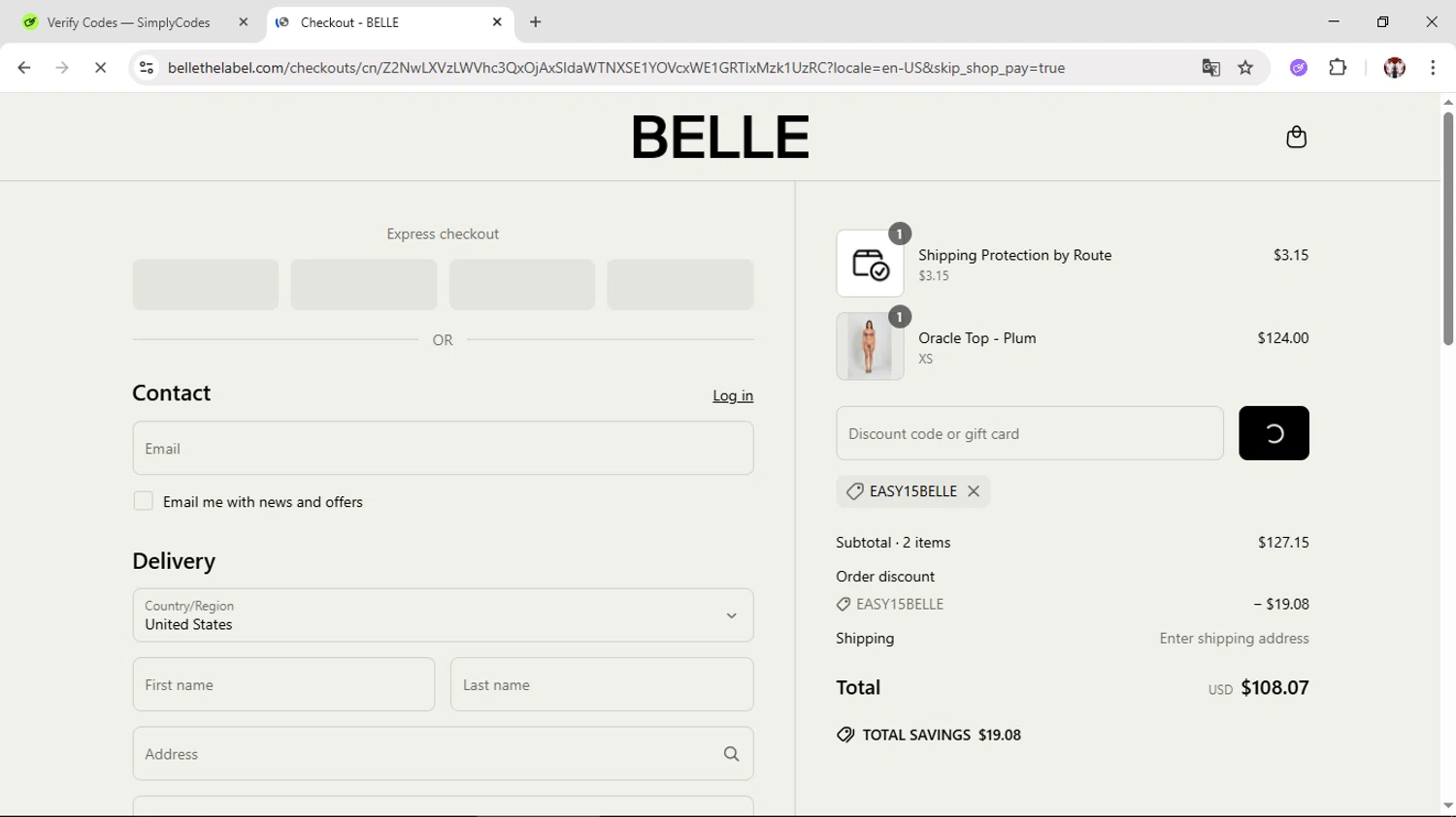 Belle The Label discount code screenshot showing code EASY15BELLE applied at Belle The Label checkout page. Uploaded by SimplyCodes community member Salometta on Jun 5, 2025