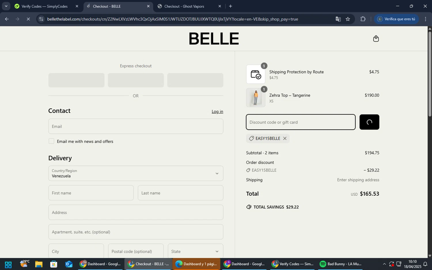 Belle The Label discount code screenshot showing code EASY15BELLE applied at Belle The Label checkout page. Uploaded by SimplyCodes community member TreasureMaestro5377 on Apr 18, 2025