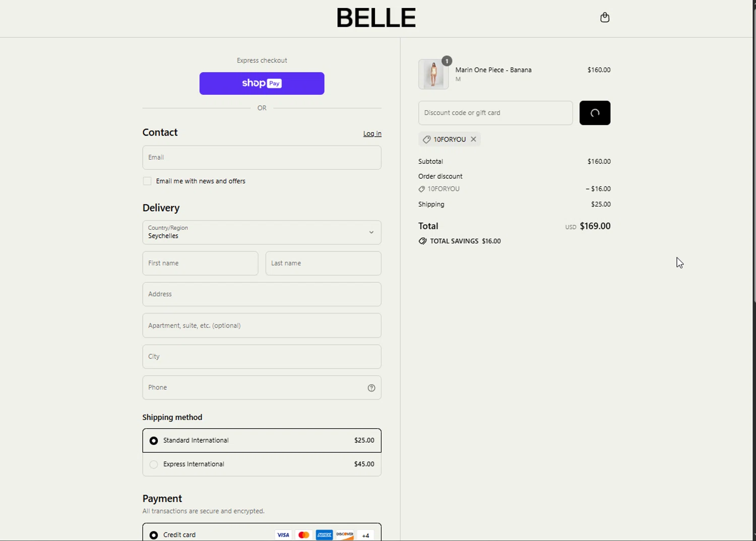 Belle The Label discount code screenshot showing code 10FORYOU applied at Belle The Label checkout page. Uploaded by SimplyCodes community member Hei201 on Jul 23, 2025