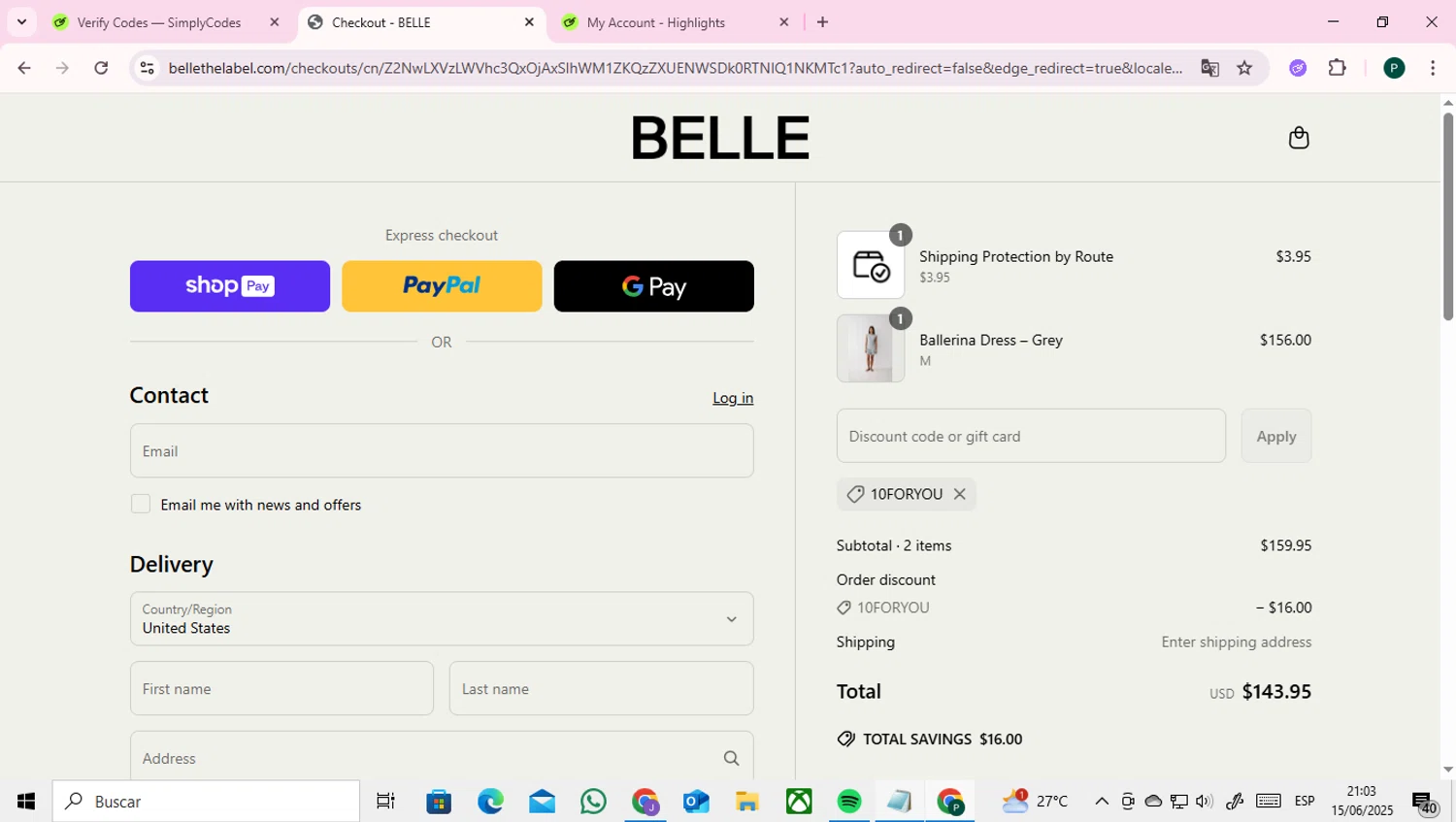Belle The Label discount code screenshot showing code 10FORYOU applied at Belle The Label checkout page. Uploaded by SimplyCodes community member RoyalAdmiral4824 on Jun 16, 2025