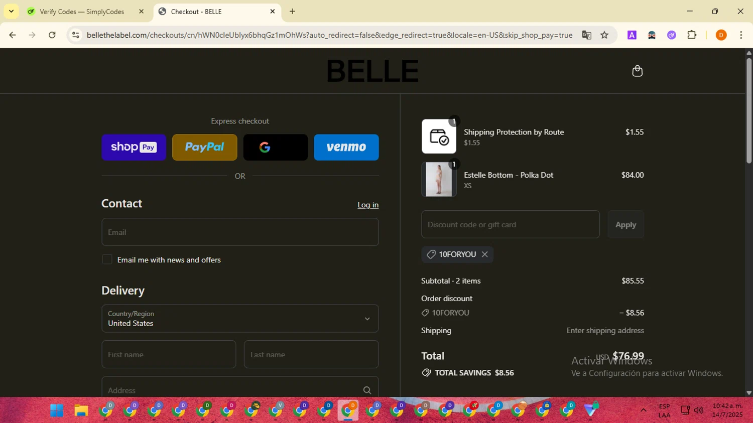 Belle The Label discount code screenshot showing code 10FORYOU applied at Belle The Label checkout page. Uploaded by SimplyCodes community member SavingsMaverick3203 on Jul 14, 2025