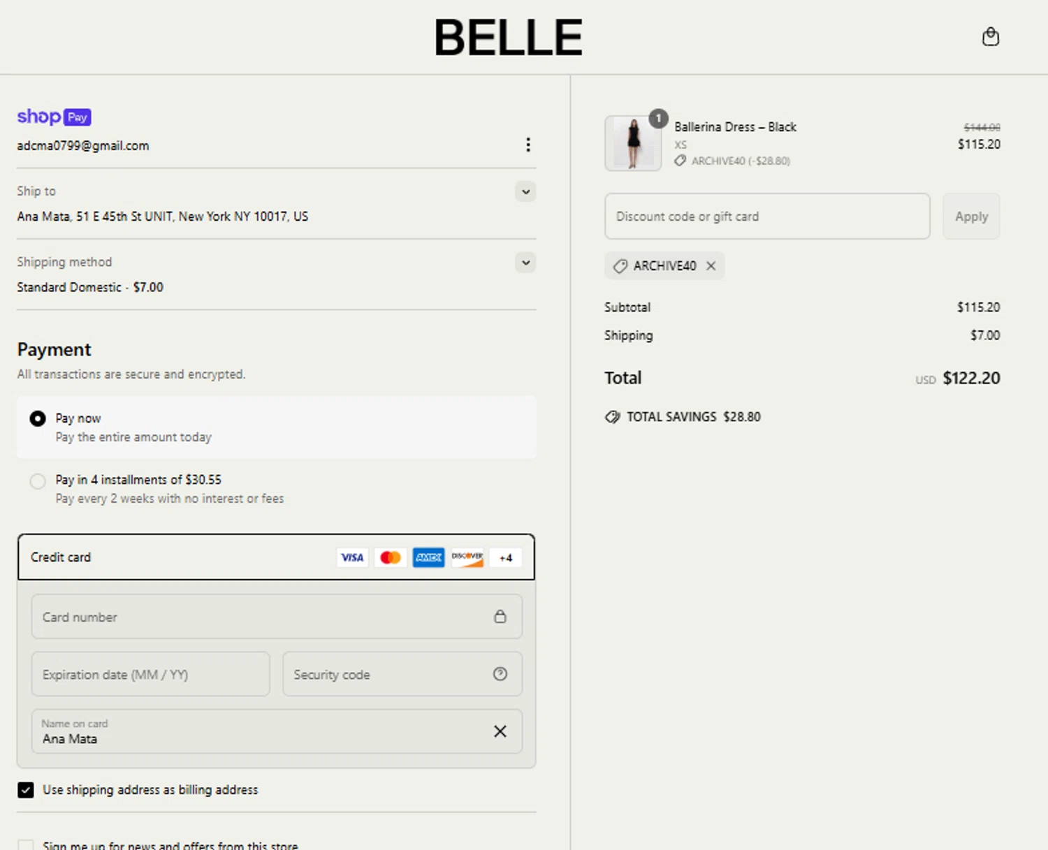 Belle The Label discount code screenshot showing code ARCHIVE40 applied at Belle The Label checkout page. Uploaded by SimplyCodes community member peachee on Jun 21, 2025