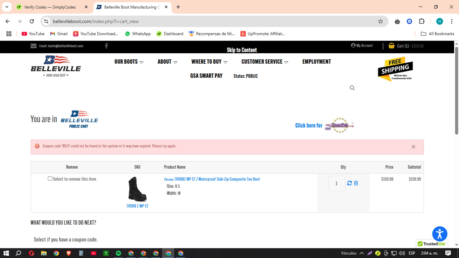 Belleville coupon code screenshot showing code BEL5 applied at Belleville checkout page. Uploaded by SimplyCodes community member MACHINEv1 on Mar 18, 2025