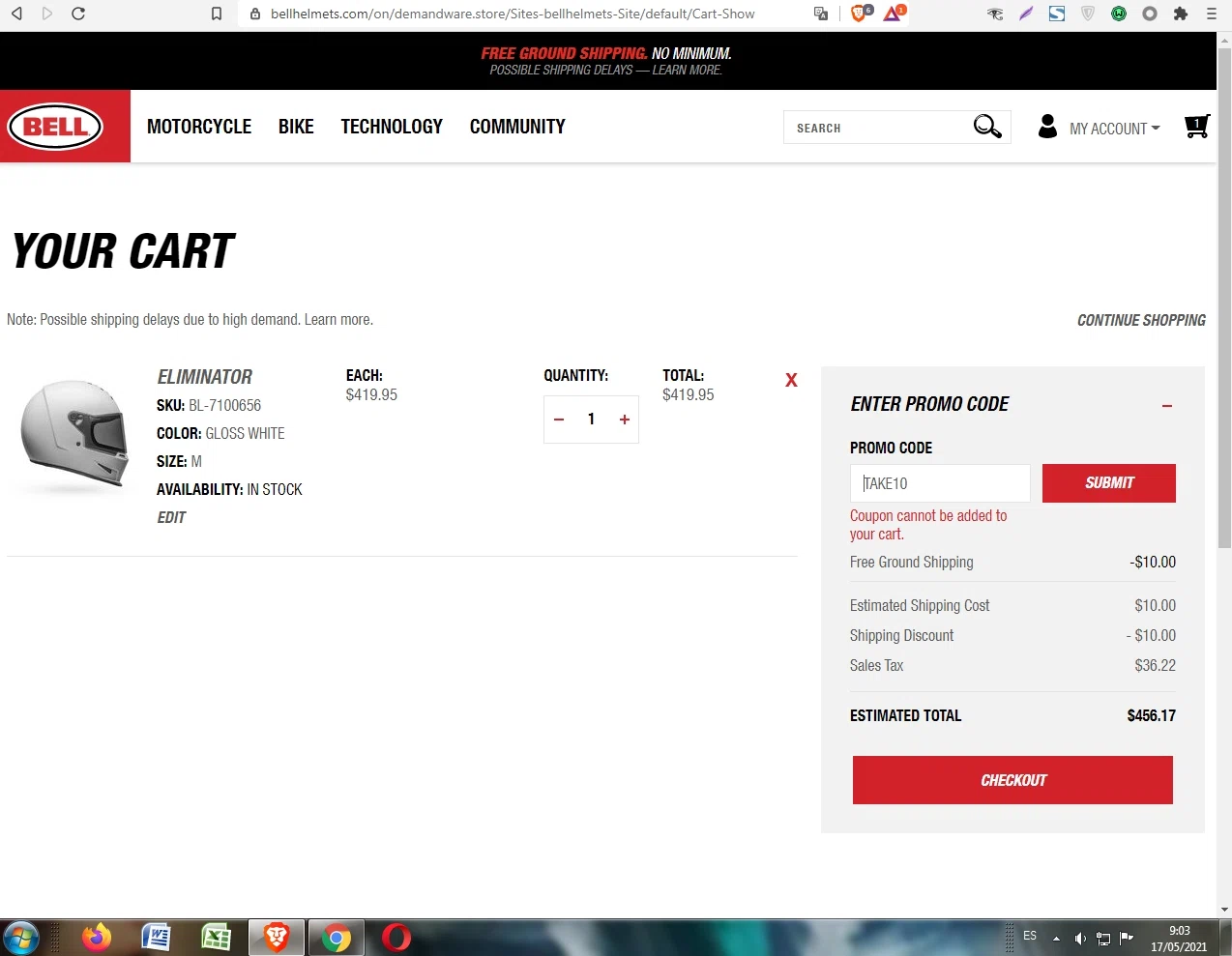 Bell Helmets checkout page showing Bell Helmets promo code box | Screenshot taken by SimplyCodes community member on May 17, 2021