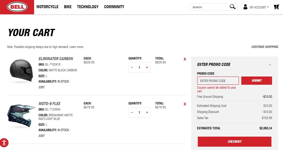 Bell Helmets checkout page showing Bell Helmets promo code box | Screenshot taken by SimplyCodes community member on May 29, 2021
