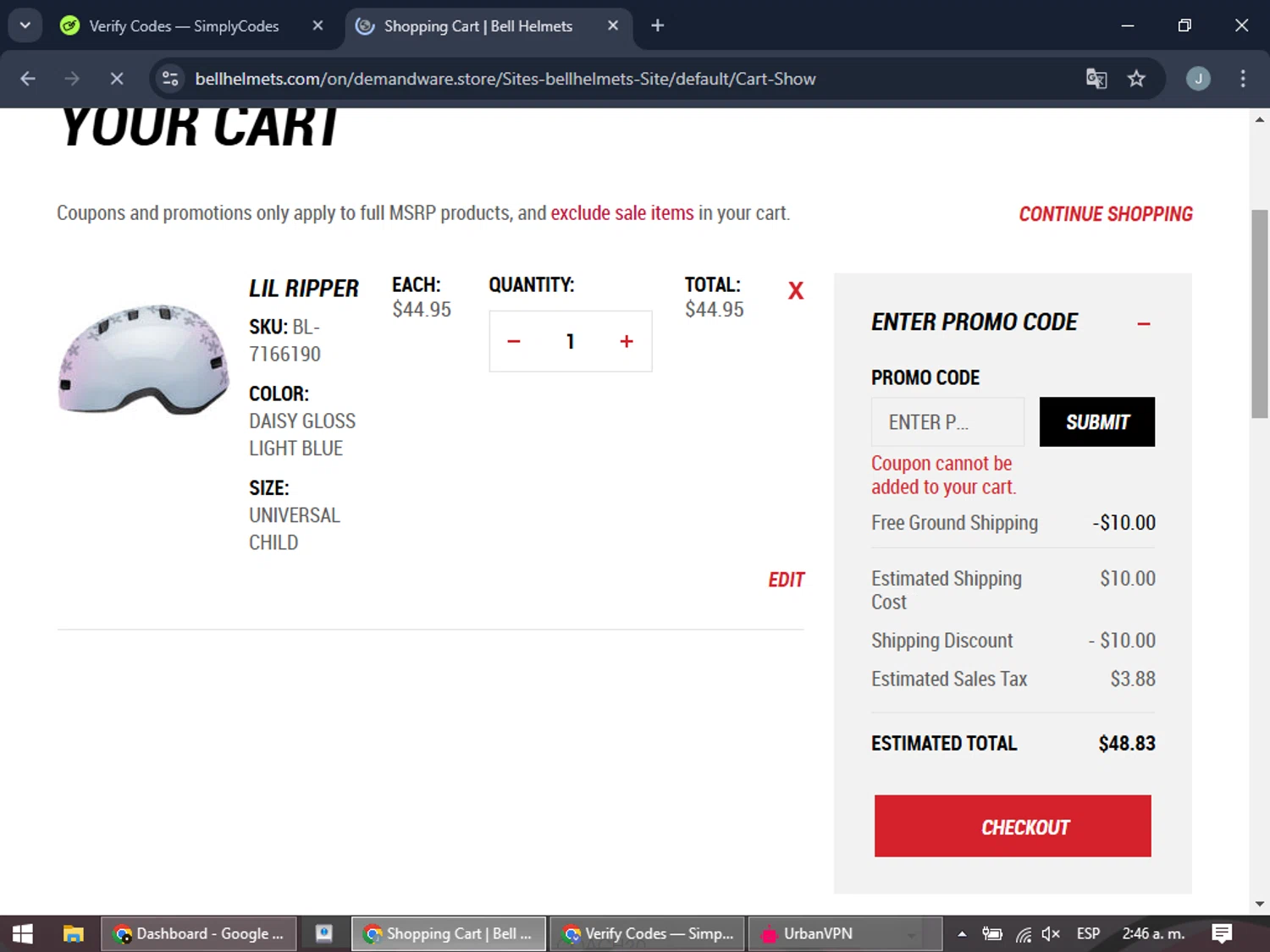 Bell Helmets promo code screenshot showing code TAKE5 applied at Bell Helmets checkout page. Uploaded by SimplyCodes community member BonusGuardian249 on Feb 20, 2025